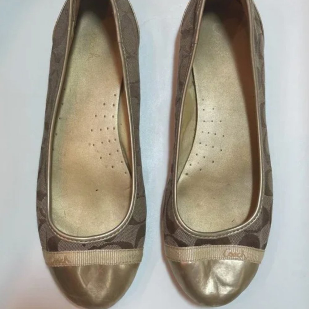 2 pairs of Coach Ballet Flats - gold/brown/tan and blue/navy/silver size 10